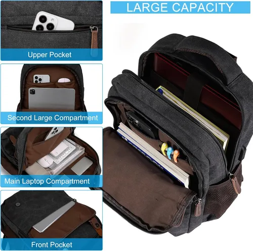 Miniatura 3 de Mochila de lona para laptop con puerto de carga USB, mochila vintage para hombres y mujeres, mochila negra de viaje para trabajo, mochila Negro
