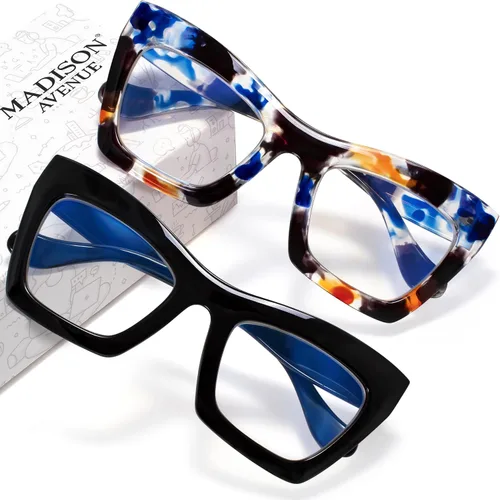 Madison Avenue Paquete de 2 anteojos cuadrados de gran tamaño con bloqueo de luz azul para mujer, anteojos gruesos de ojo de gato, lentes de
