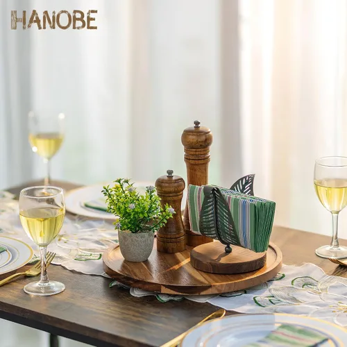 Miniatura 2 de Hanobe Bandeja de madera Lazy Susan: mesa giratoria redonda de madera de acacia bandejas decorativas para mesa de centro de mesa de centro de mesa