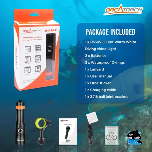Miniatura 6 de ORCATORCH D530V - Luz de video de buceo de 1000 lúmenes, ángulo de haz de 120 grados, luz de fotografía de buceo bajo el agua de 492.1 ft con Luz