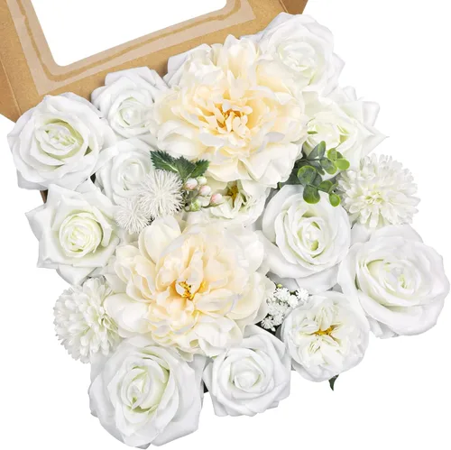 AmyHomie - Juego de flores artificiales blancas, mezcla de seda, peonía, rosa, hortensia, margarita, con tallo, para bricolaje, centros de mesa,