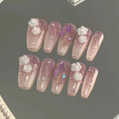 RikView Uñas postizas a presión con forma de ataúd, uñas acrílicas largas con flores 3D, uñas postizas rosadas brillantes para mujeres, juego de 24