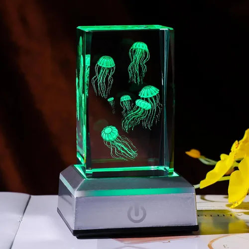 Miniatura 3 de LONGWIN Figuras de medusas de cristal 3D, luz nocturna multicolor, regalos grabados con láser de vidrio para niños y niñas en cumpleaños, Navidad