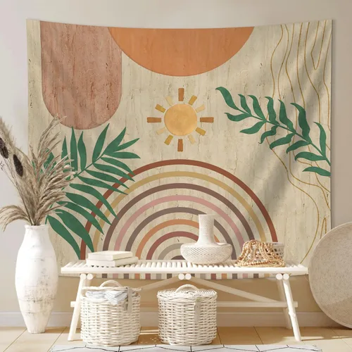 Miniatura 3 de SUOTEMEIFEI Tapiz de arte bohemio con plantas, tapiz retro con plantas, puesta de sol, paisaje, estético, abstracto, para pared, dormitorio, sala