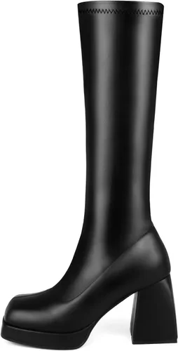 Miniatura 2 de STALOV Botas Gogo de plataforma para mujer, punta cuadrada, tacón grueso, apiladas, botas altas hasta la rodilla