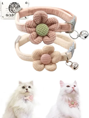 Miniatura 11 de Collar de gato Breakaway con material de felpa suave y flor tejida a mano, collar de seguridad ajustable para piel sensible, collar decorativo