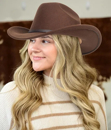 Miniatura 32 de Sombrero de vaquero clásico de fieltro occidental para mujeres y hombres de ala ancha con hebilla de cinturón (tamaño: mediano-grande)