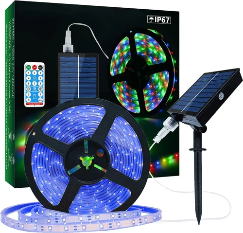 Tira de luces LED solares azules para exteriores, tira LED impermeable IP67 de 16.4 pies, cable USB para uso recargable, cuerda de luces solares con