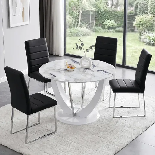Miniatura 10 de Juego de mesa de comedor redonda para 4, mesa moderna de 48" con tapa de mármol sintético falso y pedestal brillante negro, juego de mesa de cocina