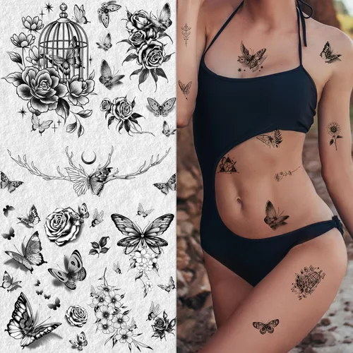 Miniatura 2 de Cerlaza 20 hojas de tatuajes temporales de mariposa negra para mujeres adultas, 120 estilos de mariposas pequeñas, tatuajes falsos impermeables