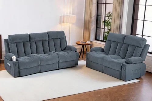 Miniatura 23 de Juego de sofá reclinable manual, 3 piezas con bolsillos laterales, portavasos para cine en casa, oficina (azul, sofá biplaza+silla)