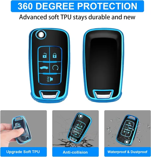 Miniatura 5 de QBUC Funda para llavero Chevy con llavero para Chevrolet Equinox Buick Camaro Cruze Malibu Impala Sonic Protección completa (negro/azul)