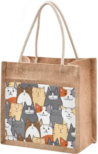 Miniatura 42 de CaTaKu Divertida bolsa de yute con asas y cremallera para gatos, bolsa de arpillera reutilizable con bolsillo frontal de lona, regalo para bodas, 12