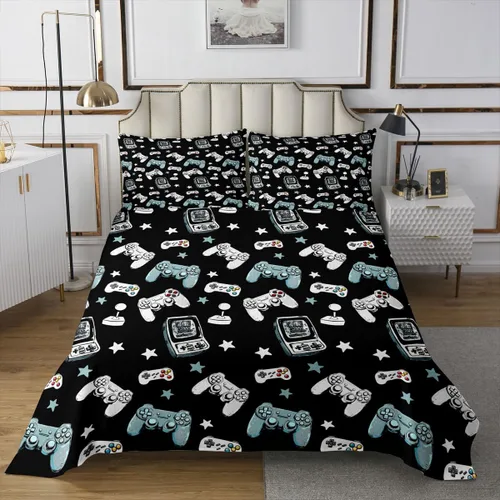Castle Fairy Gamepad Bedspread Quilt,Video Gaming Black Bedding Coverlet for All Season Bedroom,Kids Games Consoles Twin Size Coverlet Set with 1