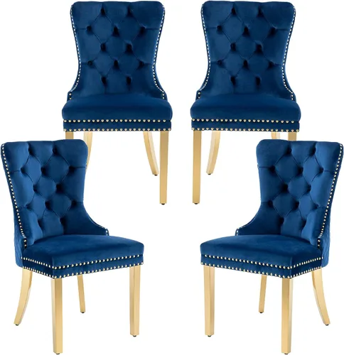 Miniatura 20 de Civama Juego de 2 sillas de comedor, elegantes sillas de comedor de terciopelo capitonado de lujo con patas doradas y adornos de clavos, tirador