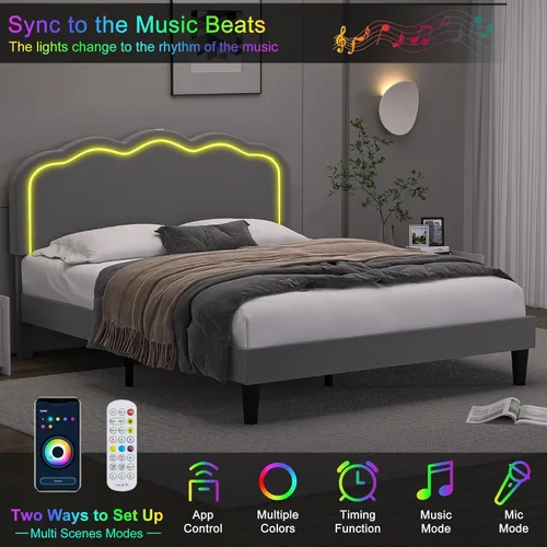 Miniatura 3 de VECELO Base de cama tapizada tamaño Queen con cabecero ajustable, luces LED, USB-A y tipo C, plataforma de terciopelo sin ruido, base de colchón