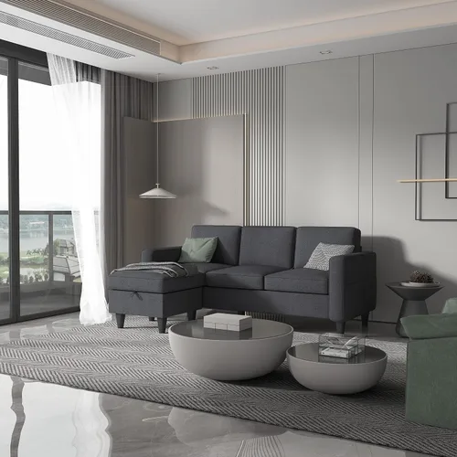 Miniatura 4 de Sofá seccional convertible gris oscuro, moderno sofá tapizado de tela de lino en forma de L con bolsillos para reposabrazos, sofá de 3 plazas