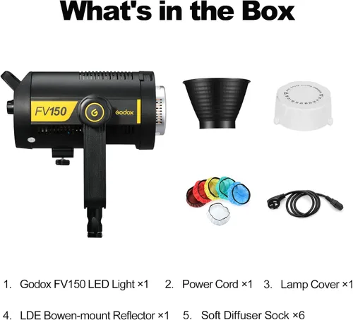 Miniatura 9 de Godox FV150 - Luz LED flash de 150 W 2.4G, sincronización de alta velocidad 1/8000s, CRI96+, TCLI 96+, 12000LUX, 5600 K ± 200 K, 8 modos de efectos