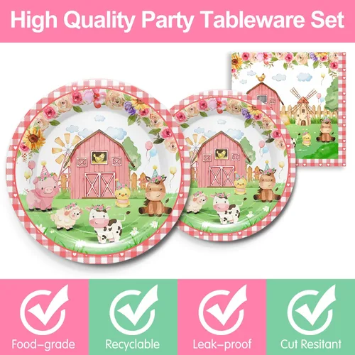 Miniatura 3 de Juego de 168 platos para fiesta de cumpleaños de granja, decoraciones de fiesta de animales de granja para niñas, incluye platos de vaca, vasos