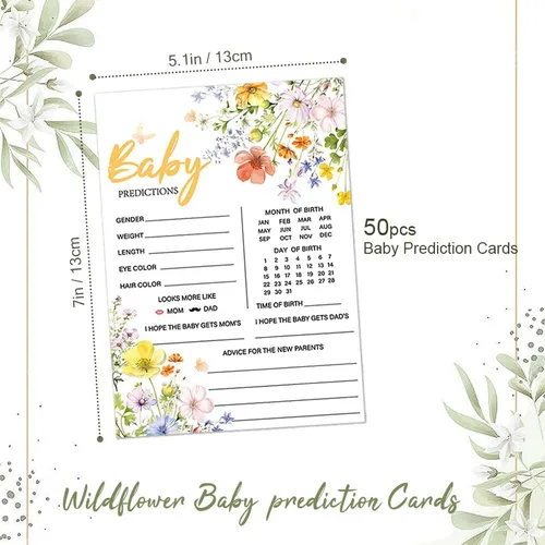 Miniatura 3 de 50 tarjetas de predicción de bebé para juegos de baby shower, tarjetas de deseos y consejos de flores silvestres con caja para decoraciones de baby