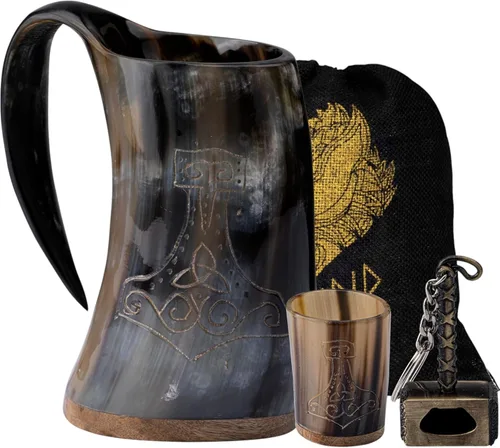 Miniatura 12 de FENRIR Taza de cuerno vikingo de 16 onzas con vaso de chupito, regalos vikingos para hombres y mujeres, abridor de botellas, jarra de cuerno de buey