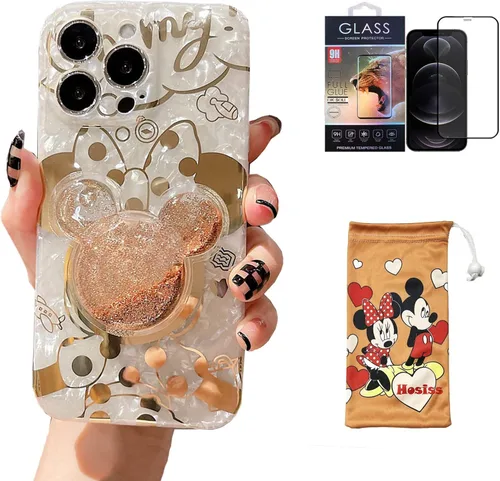 Miniatura 8 de Funda de dibujos animados para iPhone XR 6.1'' con protector de pantalla HD, Mickey Mouse con soporte para teléfono celular de arena movediza