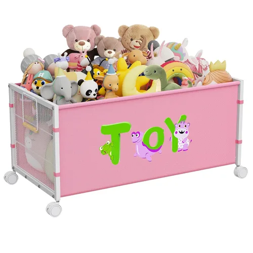 Miniatura 9 de Caja de juguetes extra grande, organizador de almacenamiento de juguetes de 180L con ruedas, cofre de juguetes de metal y tela Oxford con asa, caja