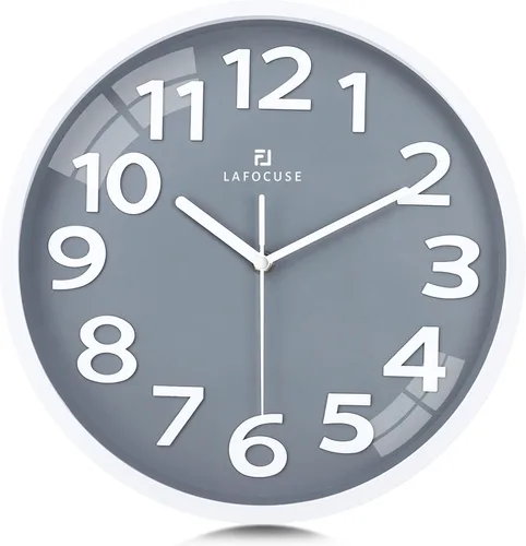 Lafocuse Moderno reloj de pared gris con números grandes 3D silencioso sin Tic Tac, 11.8 in, fácil de leer, decorativo para sala de estar y
