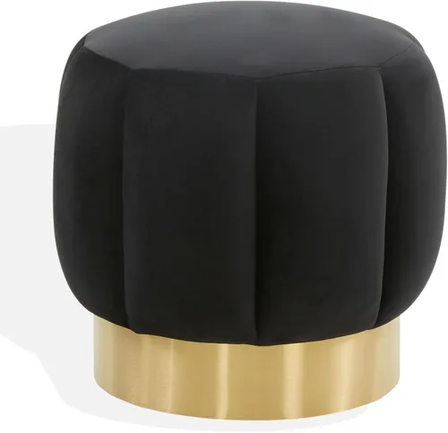 SAFAVIEH Couture Collection Maxine Glam - Otomana redonda tapizada de terciopelo negro/canal dorado para sala de estar, dormitorio, taburete de