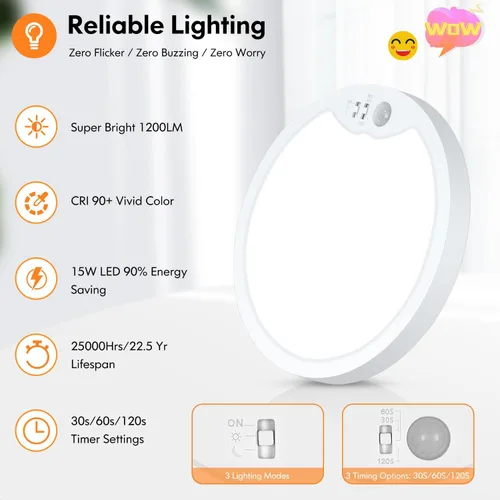 Miniatura 6 de Brightever Lámpara de Techo con Sensor de Movimiento de 7 Pulgadas Cableada, 15W 1500LM Lámpara de Techo Empotrada, Ultra Delgada 0.67 Pulgadas