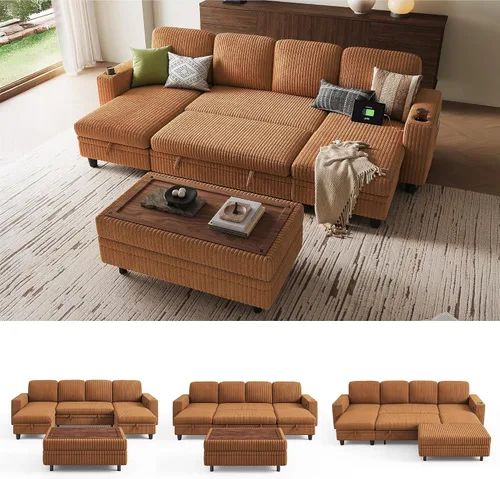 Miniatura 42 de LINSY HOME - Sofá cama extraíble modular con sección para dormir, con almacenamiento, sofá seccional de pana mullida para sala de estar, sofá cama