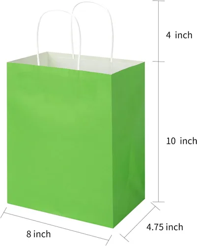 Miniatura 7 de Toovip Paquete de 100 Bolsas de Papel Kraft Verde Hierba Medianas de 8 x 4.75 x 10 Pulgadas con Asas a Granel, Bolsas de Envolver Regalos