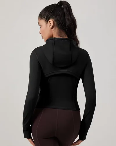 Miniatura 2 de QUEENIEKE Chaqueta de entrenamiento para mujer, con cremallera completa, sudadera con capucha para correr, ajustada, para yoga, recortada