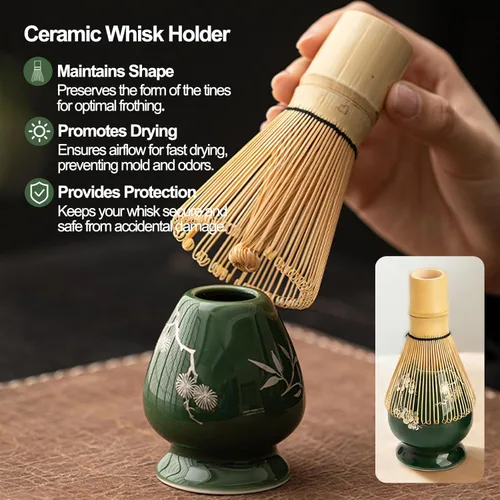 Miniatura 5 de Juego de batidores de matcha, 8 piezas de cerámica con cuenco matcha, batidor y soporte de matcha, cuchara y cuchara de bambú, soporte para cuchara