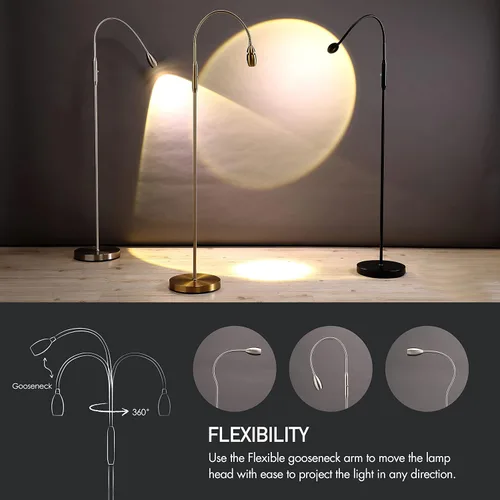 Miniatura 5 de O’Bright Ray – Lámpara de pie ajustable con haz LED, foco regulable y zoom, cuello de cisne flexible, lámpara de pie para lectura/manualidades, luz