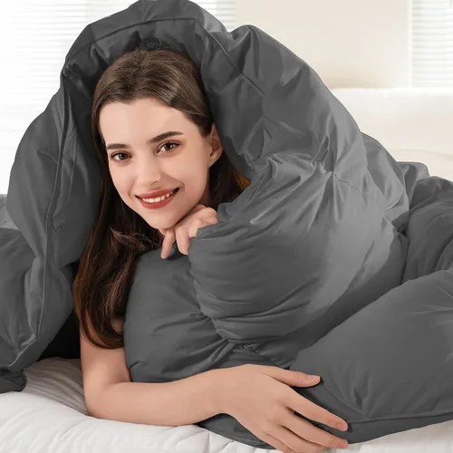 Miniatura 8 de ELNIDO QUEEN® Edredón de Plumas Tamaño Queen, Relleno de Edredón, Lujoso Edredón Esponjoso Gris de Hotel con Pliegues Pinzados para Cama - Funda
