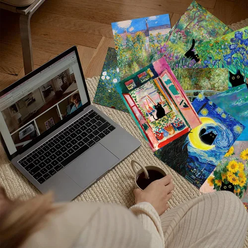 Miniatura 5 de Kizbok Juego de 9 carteles divertidos de gato negro, impresiones artísticas de pared de gato negro vintage de Monet Matisse Van Gogh, gatos negros