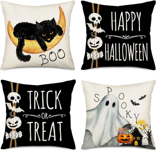 Fukeen Juego de 4 fundas de almohada de 16 x 16 pulgadas con texto en inglés «Happy Halloween», «Truco o trato», fantasma, fantasma, horror,