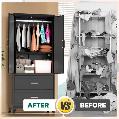 Miniatura 8 de Greenvelly Metal Storage Wardrobe Cabinet with Lock, Metal Wardrobe Closet with Doors and Shelves, Modern Clothes Closet for Office, Bedroom and
