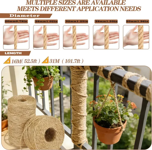 Miniatura 5 de Cuerda de yute natural de yute manila, cuerda de cáñamo náutica, cuerda trenzada natural gruesa y resistente para manualidades, agrupación, ancla
