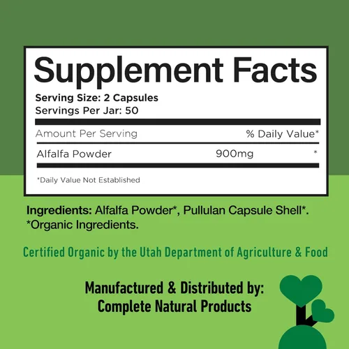 Miniatura 6 de Complete Natural Products Hoja de alfalfa pura - 100 cápsulas - 450 mg de polvo de hoja de alfalfa orgánica pura seca en cápsulas vegetales