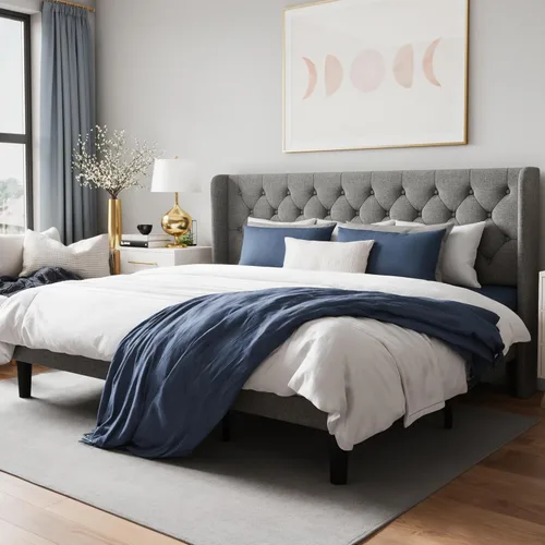 Miniatura 12 de WEEWAY Base de cama tapizada de tamaño matrimonial con cabecera copetuda con respaldo de alas, plataforma moderna con soporte de listones de madera