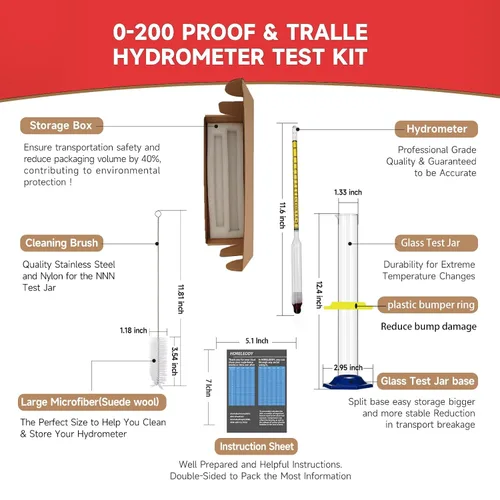 Miniatura 3 de Kit de prueba de medidor de hidrómetro de alcohol 0-200 Proof & Tralle, con tarro de prueba de vidrio, probador preciso y cilindro de vidrio