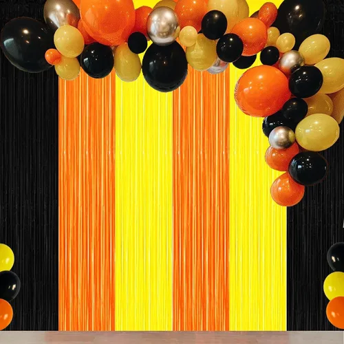Miniatura 5 de Decoraciones de Fiesta de Cumpleaños de Construcción, Telón de Fondo de Flecos de Aluminio Naranja Negro Amarillo, Decoraciones de Fiesta de Camión