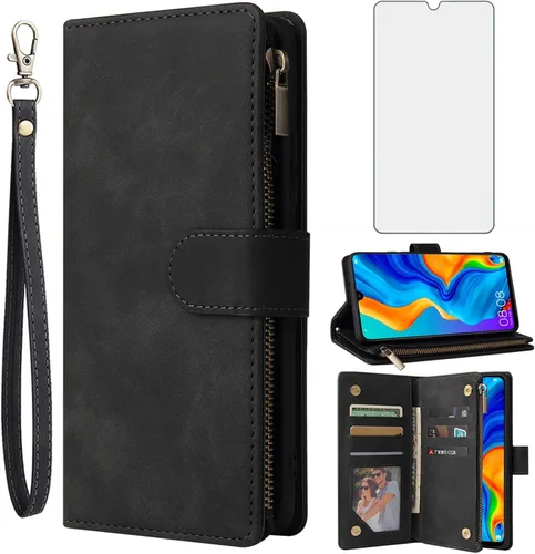 Asuwish Funda tipo cartera compatible con Huawei P30 Lite, protector de pantalla de vidrio templado y funda de cuero con tapa para tarjetero,