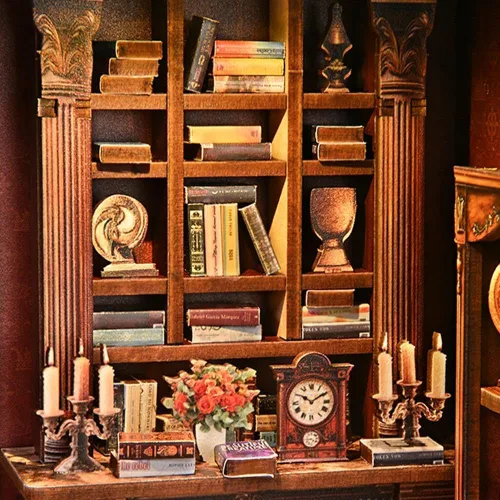 Miniatura 8 de Kits de rincón de libros para adultos, rompecabezas de madera 3D para casa de muñecas, estantería en miniatura para casa de muñecas, decoración