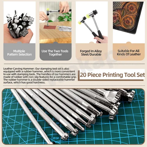 Miniatura 5 de Wokape 23 herramientas de estampado de cuero, el kit de estampado de cuero contiene 20 herramientas de talla de cuero de diferentes formas