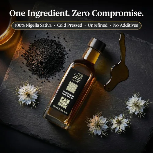 Miniatura 2 de Al'Ard Aceite de semilla negra orgánica de 3.4 fl oz/3.38 fl oz, semilla de comino negro prensada en frío sin refinar, hecho en Palestina, aceite