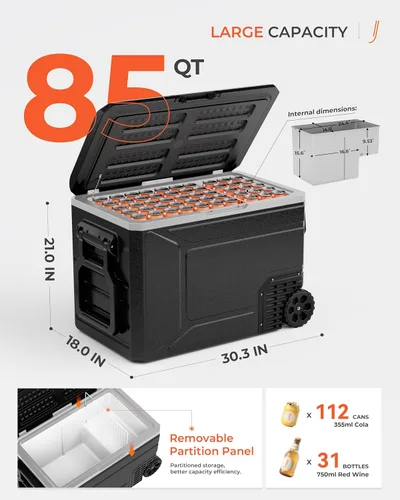 Miniatura 2 de EKOJUCE - Refrigerador de 12 V, enfriador eléctrico de 80 litros, 12 V/24 V CC 100~240 V CA, enfriador de 12 V -4 ℉~68 ℉, congelador portátil