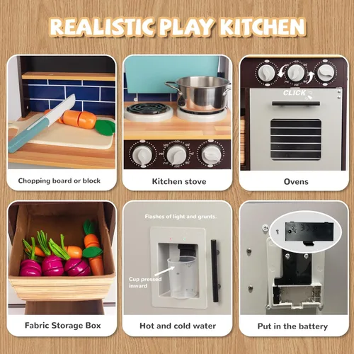 Miniatura 4 de Juego de cocina para niños de 3 a 8 años, cocina de madera con accesorios de cocina y alimentos de corte, incluyendo horno, estufa, grifo